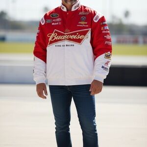 Authentic Red and White Budweiser NASCAR Men's Bomber Jacket. Kevin Harvick.